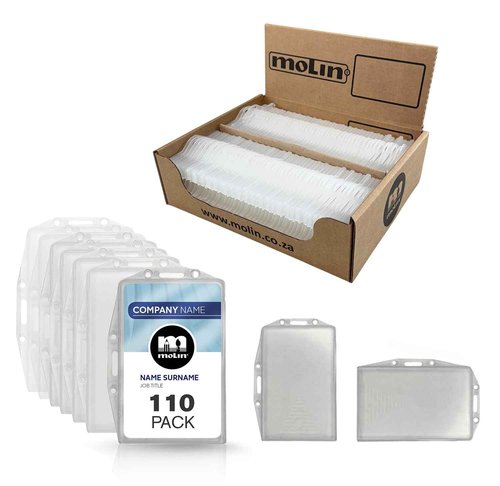 110 Pack - Molin Card Pod ID Badge Holder | Vertical and Horizontal Card Holder for Lanyard, Name Badge, Keycard, Access Card | Durable Clear ID Sleeve for Work, Office, Events & Identification