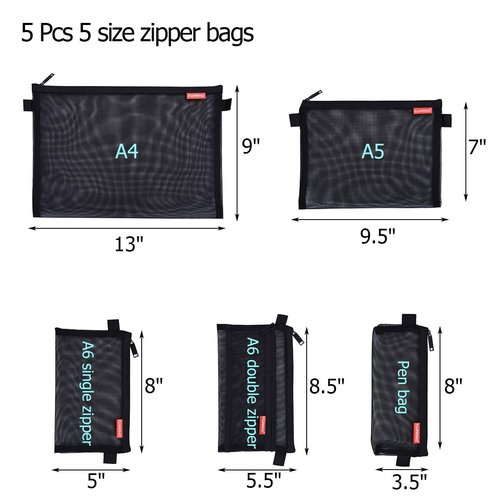 Pendancy Mesh Zipper Pouch 5pcs Lightweight Nylon File Folders Document Organizer Cosmetic Bags Accessories Storage for Travel and Office Supplies (Black, A4 A5 A6)