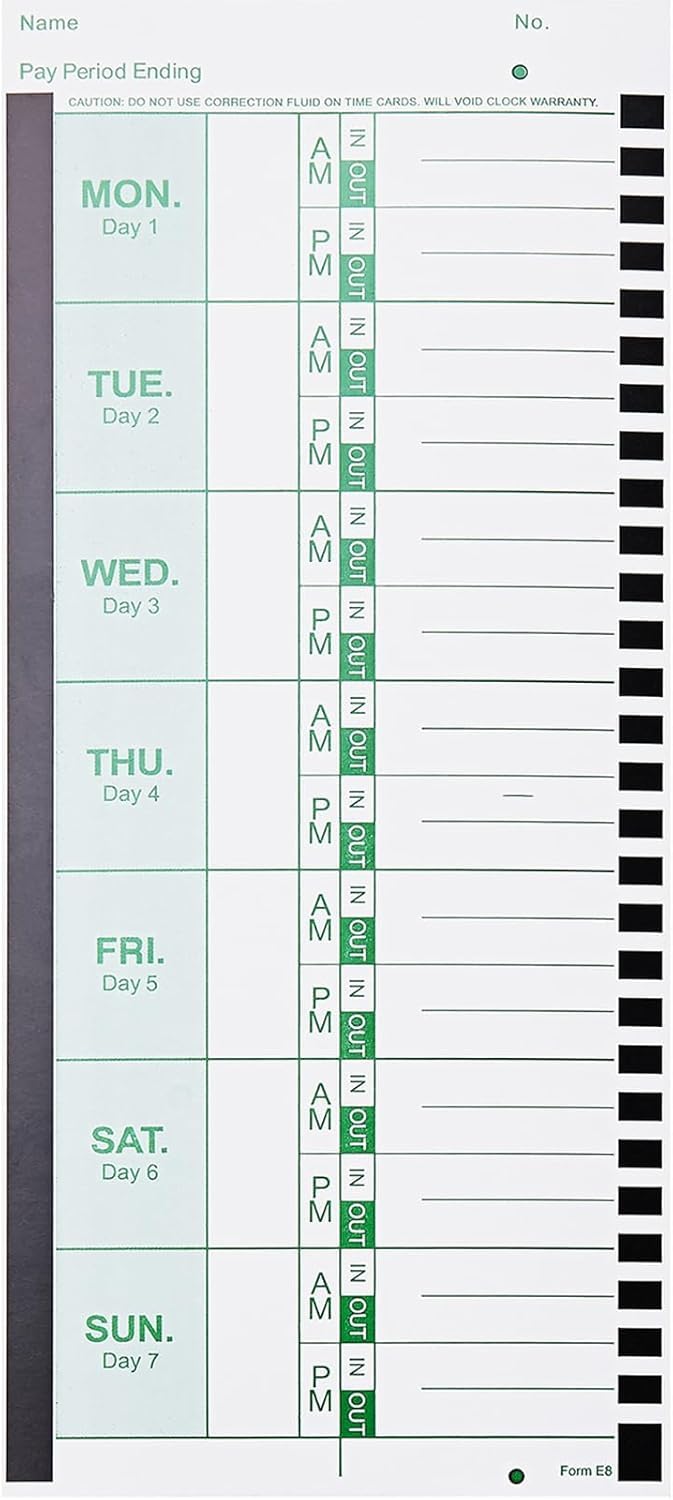 100 E8 Weekly Thermal Time Cards for Employees, Compatible with Lathem 2100HD & 800P Time Clocks, Single-Sided with Named Days, 1 Boxes of 100