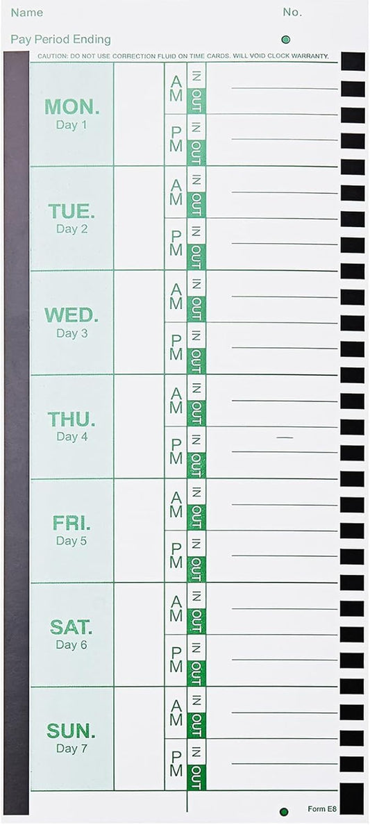 100 E8 Weekly Thermal Time Cards for Employees, Compatible with Lathem 2100HD & 800P Time Clocks, Single-Sided with Named Days, 1 Boxes of 100