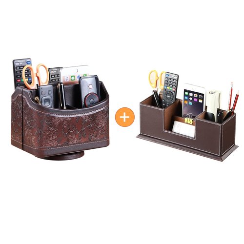 PUSU Leather 360°Rotatable Remote Control Holder+Desk Pencil Holder, PU Leather Pen Holder for Desk, Executive Desk Organizers and Accessories, Multifunctional Desk Organizer with 4 Compartments
