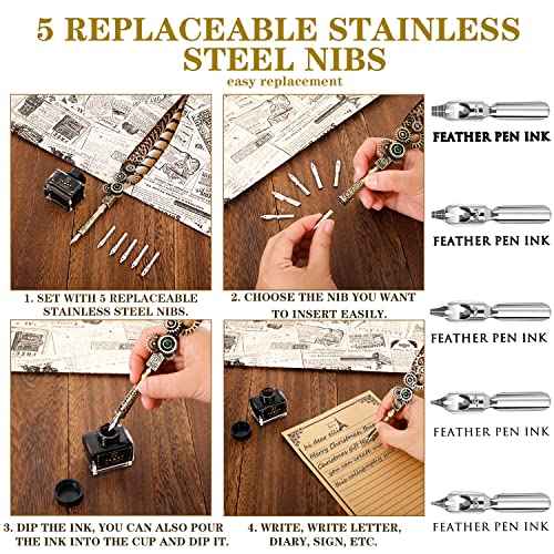 NC Feather Pen Ink Set, Includes Quill Pen, Notebook, 5 Replaceable Nibs, Stamp, Spoon, Wax Beads, White Wax, Ink, Pen Holder, Cup, Envelope, Letter Paper