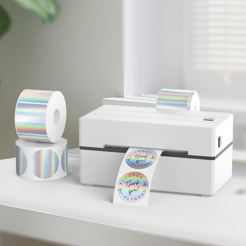 FLYQGGO 2 inch Round Holographic Thermal Sticker Labels, Waterproof & Rainbow Wave & Glitter Design, for Price/Name Tag, Barcode, DIY Custom Logo Design, Sliver(200Pcs/Roll)