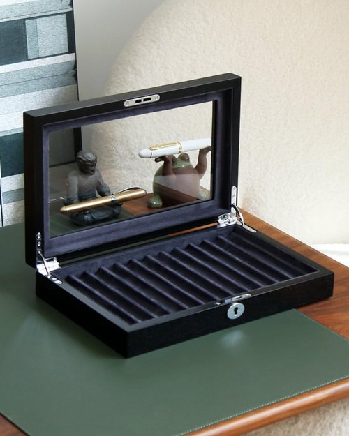 Bonaking Wood Pen Display Case with 12 Pens, Fountain Pen Display Box, Lockable Pen Storage Box with Glass Top, Pen Box Organizer, Pen Collection Display Case (Black with Gray Velvet)