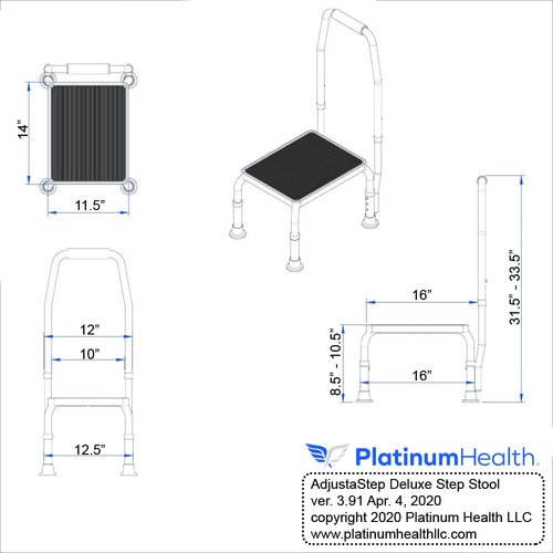 Platinum Health AdjustaStep(tm) Deluxe Step Stool/Footstool with Handle/Handrail, Height Adjustable. 2 Products in 1. Modern White/Blue Design. Padded Non-Slip Handle. 300 lb. Capacity