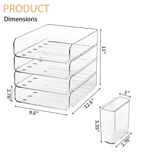 FANXIYQ 4-Tier Acrylic Paper Tray Organizer with Pen Holder | Clear Stackable Desk Organizer for Documents, Letters, A4 Paper | Modern Office/Classroom/Home Organization
