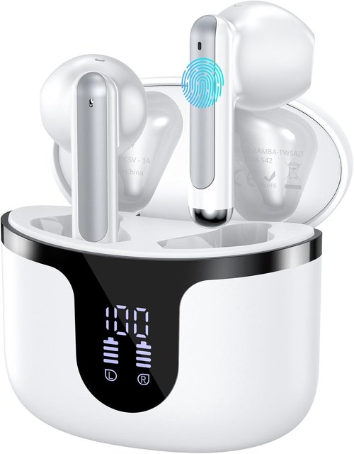 BHNYBWUL Wireless Earbuds Bluetooth Headphones 5.3 Stereo 50 Hour Playback Ear Buds with LED Display and with 4 ENC Noise Cancelling Mic Wireless Earphones, for Phone, Tablet, Laptop, Sports, White