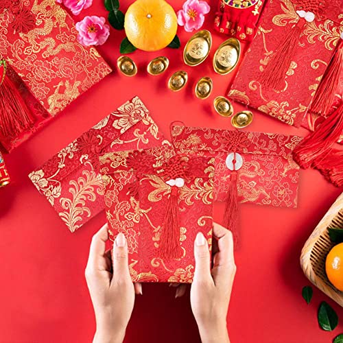 4 Pieces Red Silk Envelope Set with Chinese Knot Jade Pendant Lucky Money Hong Bao for Spring Festival & Weddings - Variation 4