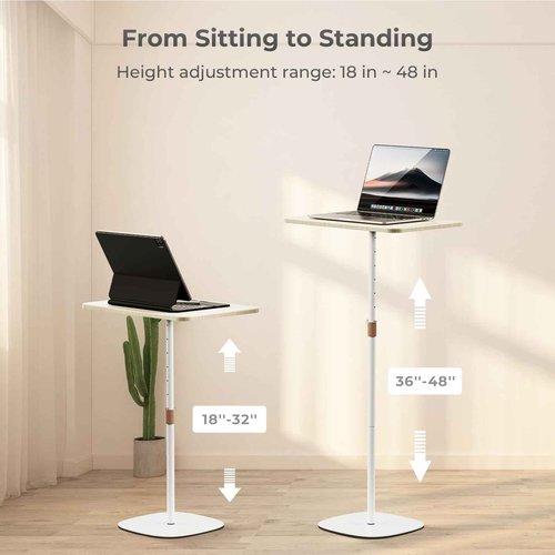POLESTO Portable Laptop Floor Stand, Bedside/Sofa Table with Height Adjustable 18''~48'', Sleek Wooden Lectern Standing Desk Mobile Podium for Home, Office, School, White