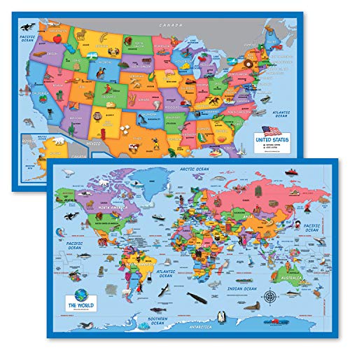 Laminated 2-Pack Kids World & USA Map Posters - 18x29 Inches, Illustrated