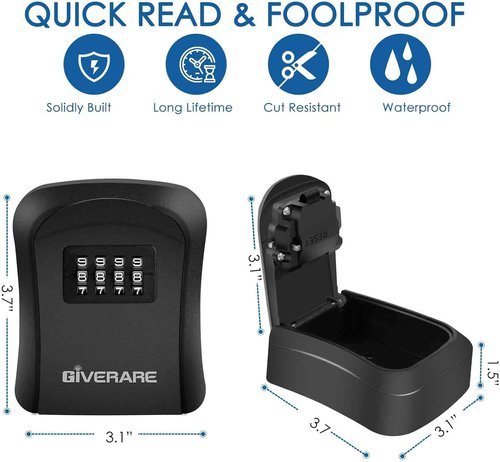 GIVERARE 4-Digit Key Lock Box - Waterproof Wall-Mount Safe with Resettable Code | Outdoor Key Hider - Black