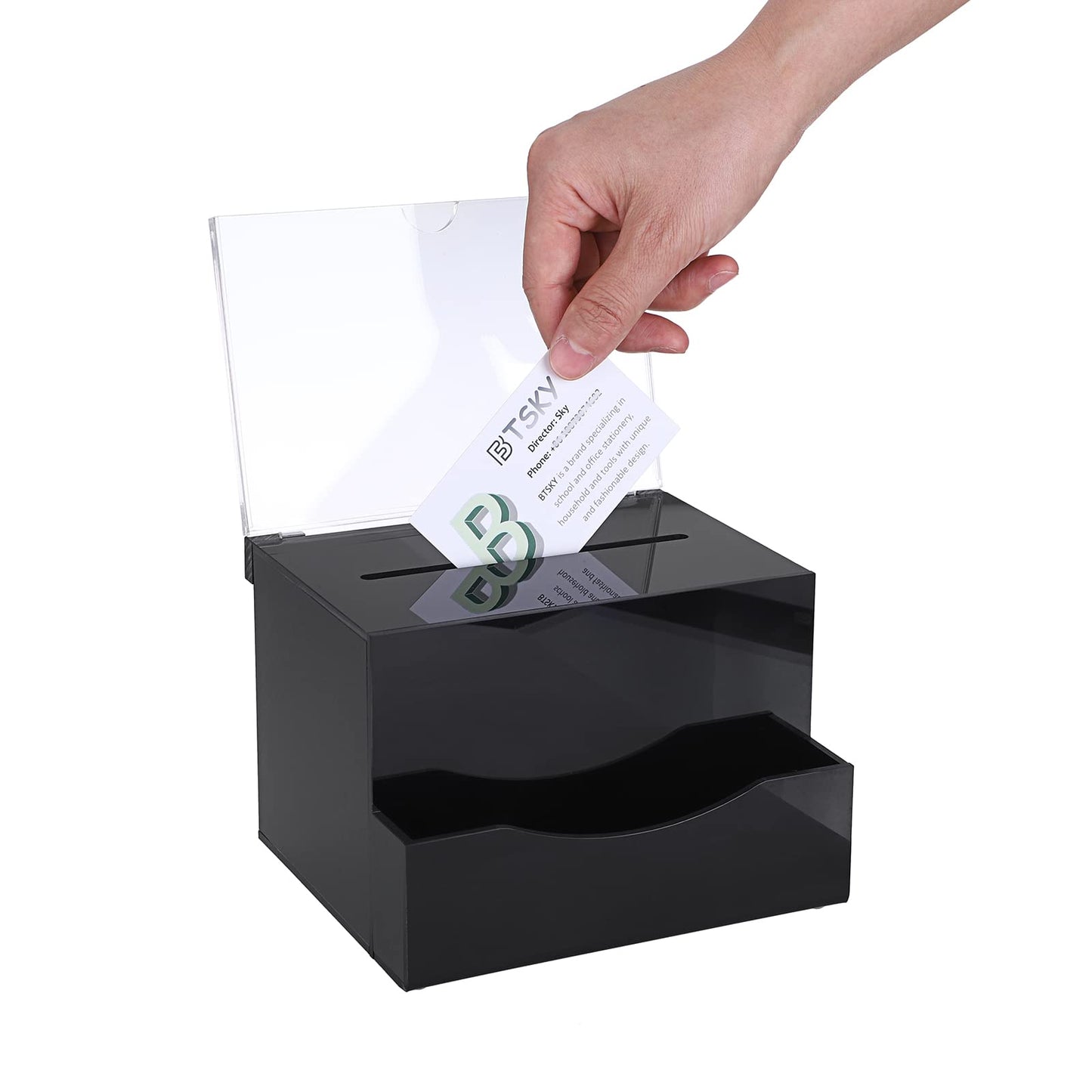 BTSKY Acrylic Suggestion Box with Lock, Acrylic Donation Box with Sign Holder, Tip Box with Pocket Collection Boxes for Voting Locking Mailbox, Suggestion Box with Removable Sign Slot (Black)