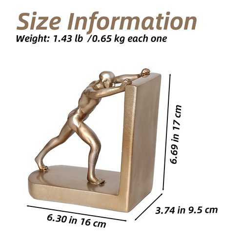 Gold Man Pushing Bookends for Shelves, Modern Resin Decorative Book Ends for Heavy Books, Unique Book Holders for Home Office Desk Decor