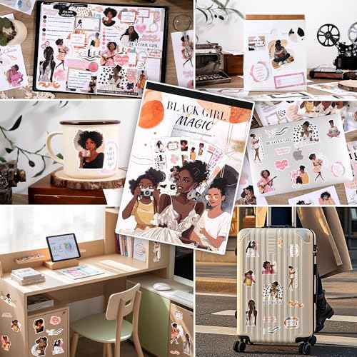 Black Girl Decal Stickers Book For Planners, Calendars, Journals, Vision Boards, Projects, Laptop & Water Bottles ? Premium Quality, Hand Drawn, Waterproof ? Scrapbook Accessories For Women - 24 Pages