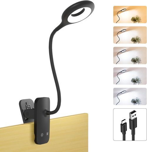 Rechargeable Clip-On Light by [Brand Name] - Flexible Arm Reading Lamp with 5 Brightness Levels | Ideal for Bed, Desk & Bunk Beds (Black)