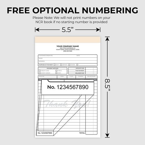 Custom 5.5" x 8.5" Carbonless NCR Books in 2-Part Duplicate Invoices, Receipts, Work Orders, Sales Orders, Purchase Orders, Estimates, Quote Forms with Your Company/Business Name (100 Sets)