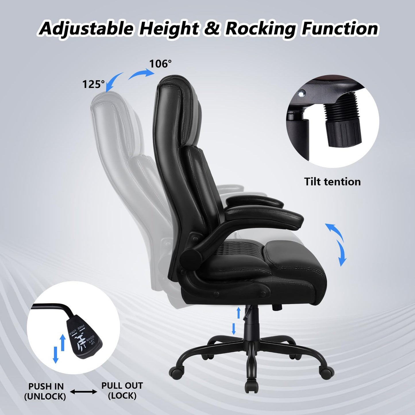 VENDORZ Office Chair, Big and Tall 400LBS Heavy Duty Executive Office Desk Chair with Flip-up Armrest, Ergonomic Swivel High Back Office Chairs with Lumbar Support, PU Leather (Black)