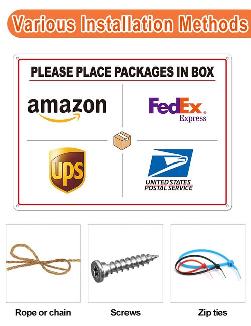 Set of 2 Delivery Signs for Packages, Please Place Packages in Box Sign, Including 14 x 10 in Aluminum Sign & 10 x 7 in Stickers, Clear Visibility & Weatherproof