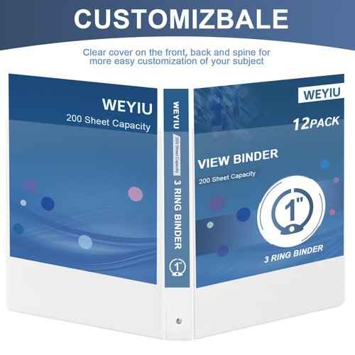 1 Inch 3-Ring Binder with 2 Interior Pockets, Heavy Duty 1" Round Ring Binder Holds 200 Sheets of US Letter Size 8.5'' x 11'' Paper for Office/Home/School (White, 12-Pack)