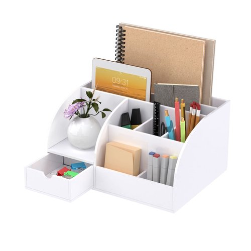 FEMELI Office Desk Organizer and Accessaries,Acrylic Desk Organizer with 8 Compartments +1 Drawer(White)