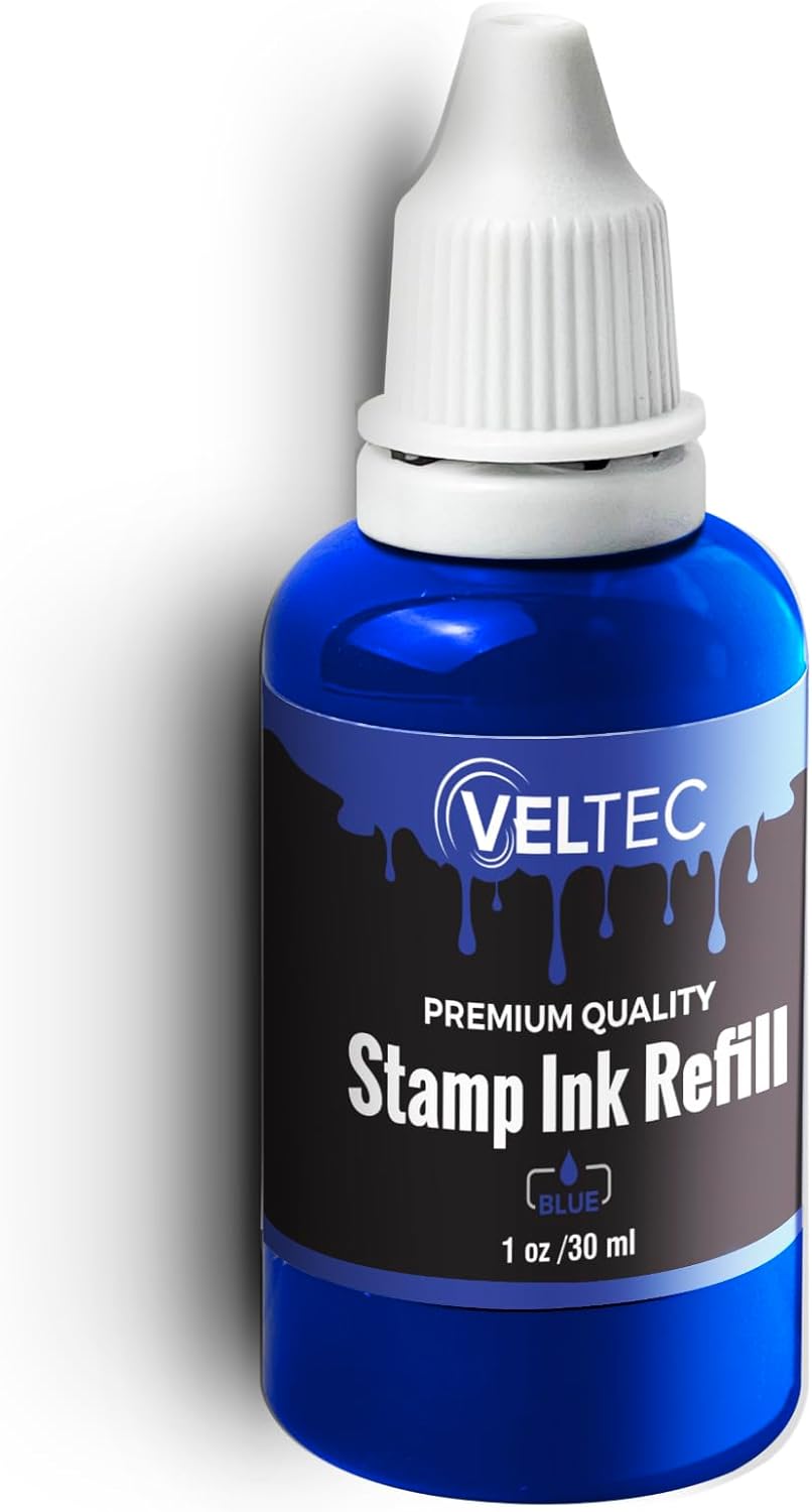Veltec Self-Inking Stamp Refill Ink - 1 oz. Squeeze Bottle in Blue for Easy Use