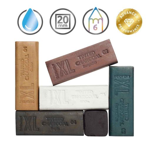 Derwent Tinted Charcoal XL Blocks 6 Tin, Set of 6, 60mm Extra-Large Block, Naturally Water-soluble, Ideal for Sketching, Drawing and Expressive Mark Making, Professional Quality (2306177)