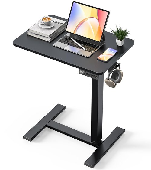 YOLEZO Electric Adjustable Height Standing Desk - Small Sit Stand Portable Rolling Laptop Table with Hidden Wheels, Small Computer Workstation for Bedside & Home Office Use (24"x16", Black)