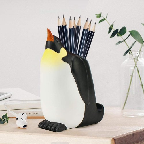 Penguin Pen Pencil Holder with Phone Stand, Resin Penguin Shaped Pen Container Cell Phone Stand Carving Brush Scissor Holder Desk Organizer Decoration for Office Desk Home Decorative