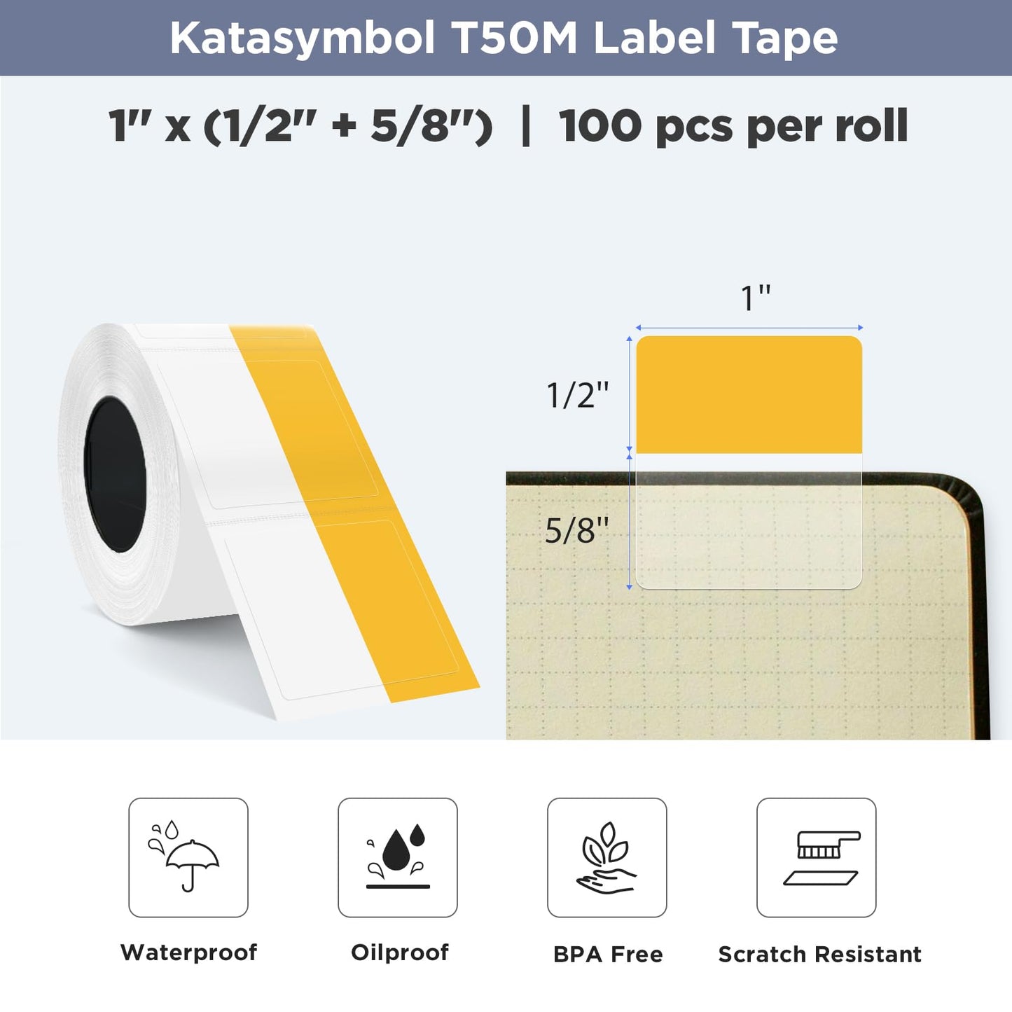 SUPVAN T50M Series Label Maker Thermal File Label, 0.98'' × 0.51'' + 0.59'' (25 × 13 + 15 mm) 100 PCS/Roll Genuine Laminated Waterproof Oilproof Adhesive Auto Detect Labels, Black on Yellow