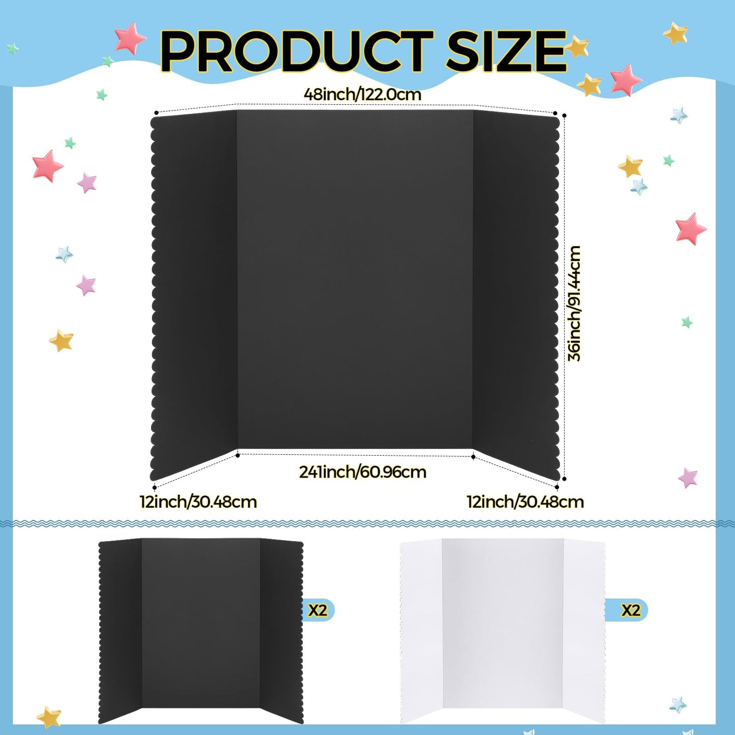 Mooliwe 4 Pack 48" X 36" Black White Trifold Poster Board, Large Tri Fold Boards Foldable Corrugated Presentation Display Scalloped Border for Science Fair, School Projects, Back to School Supplies