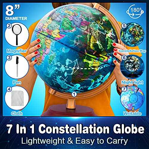 Illuminated World Globe for Kids & Adults All Ages with Wooden Stand 7 in 1- Night View Stars Map Constellation Globe with Detailed Colorful World,Built-in LED Bulb, Educational Gift