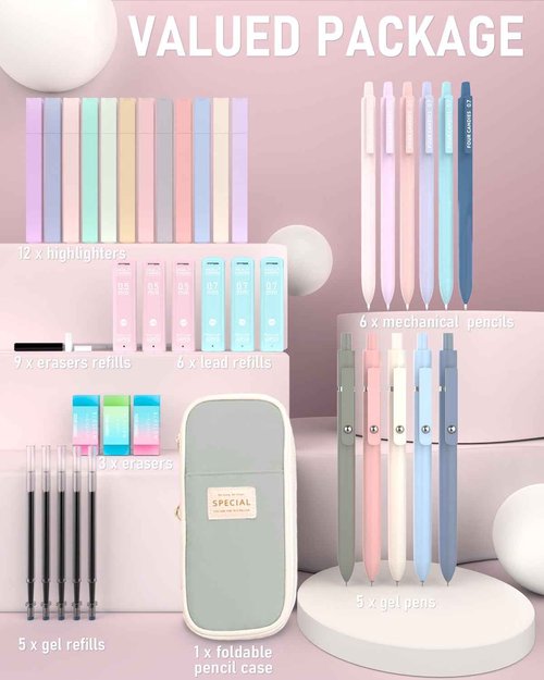 Four Candies 39 PCS Aesthetic School Supplies + 12PCS Black Ink Pens with 2 Highlighter for School