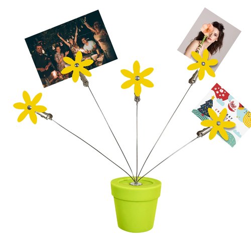 Cute Flower Table Card Memo Holder Stand,1 Pcs Photo Clips Holder Desk Stand for Memo Paper Note Monmory Photo Christmas Wedding Display with Flowerpot Shaped Plastic Base (Yellow)