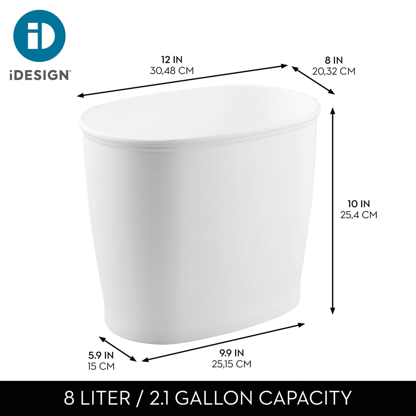 iDesign Slim Plastic Bathroom Trash Can, Small Garbage Bin for Bedroom, Office, Desk, Dorm, 2-Pack, White