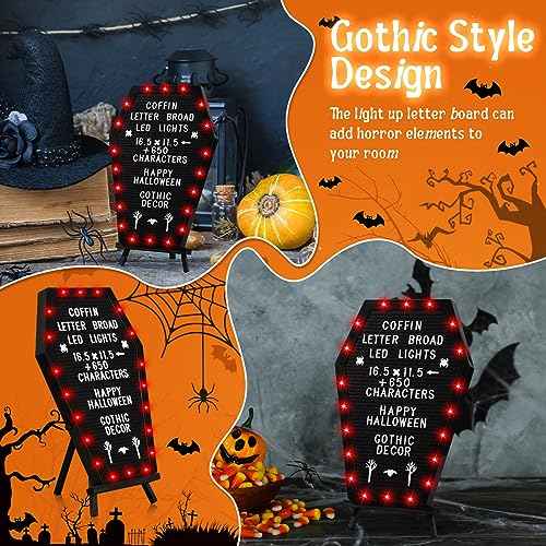 Sintuff Coffin Letter Board with Stand Built in LED Lights, 620 Characters, Halloween Style Changeable Spooky Gothic Letter Board Decor for Home, Office, Bistro(Red LED Light)