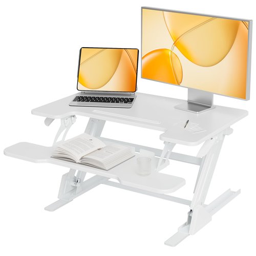 Claiks Standing Desk Converter 32 inch, Height Adjustable Sit Stand Up Desk Riser, Quick Sit to Stand Tabletop Dual Monitor Riser Workstation for Home Office with Keyboard Tray, White