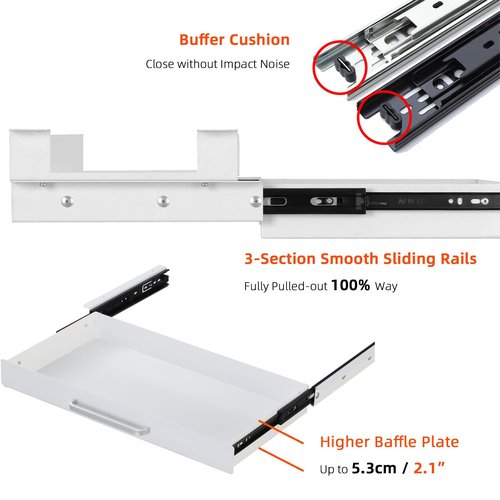 OSteed Under Desk Drawer White 21" with 4 Divider Trays, Under Shelf Pencil Drawer Pull-out, Standing Desk Metal Storage Attachment Slide Out for Workbench