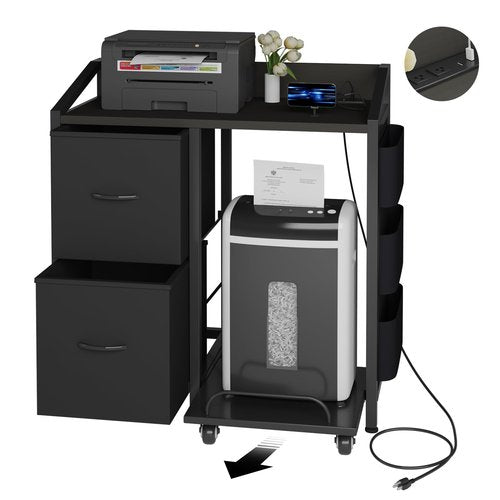 WODRAWER Printer Stand with Storage, Lateral Office Filing Cabinets with Power outlets & USB Charging Port, File Cabinet with Large Printer Stands for Home Office, Shredder Stand Rack w/Wheels, Black