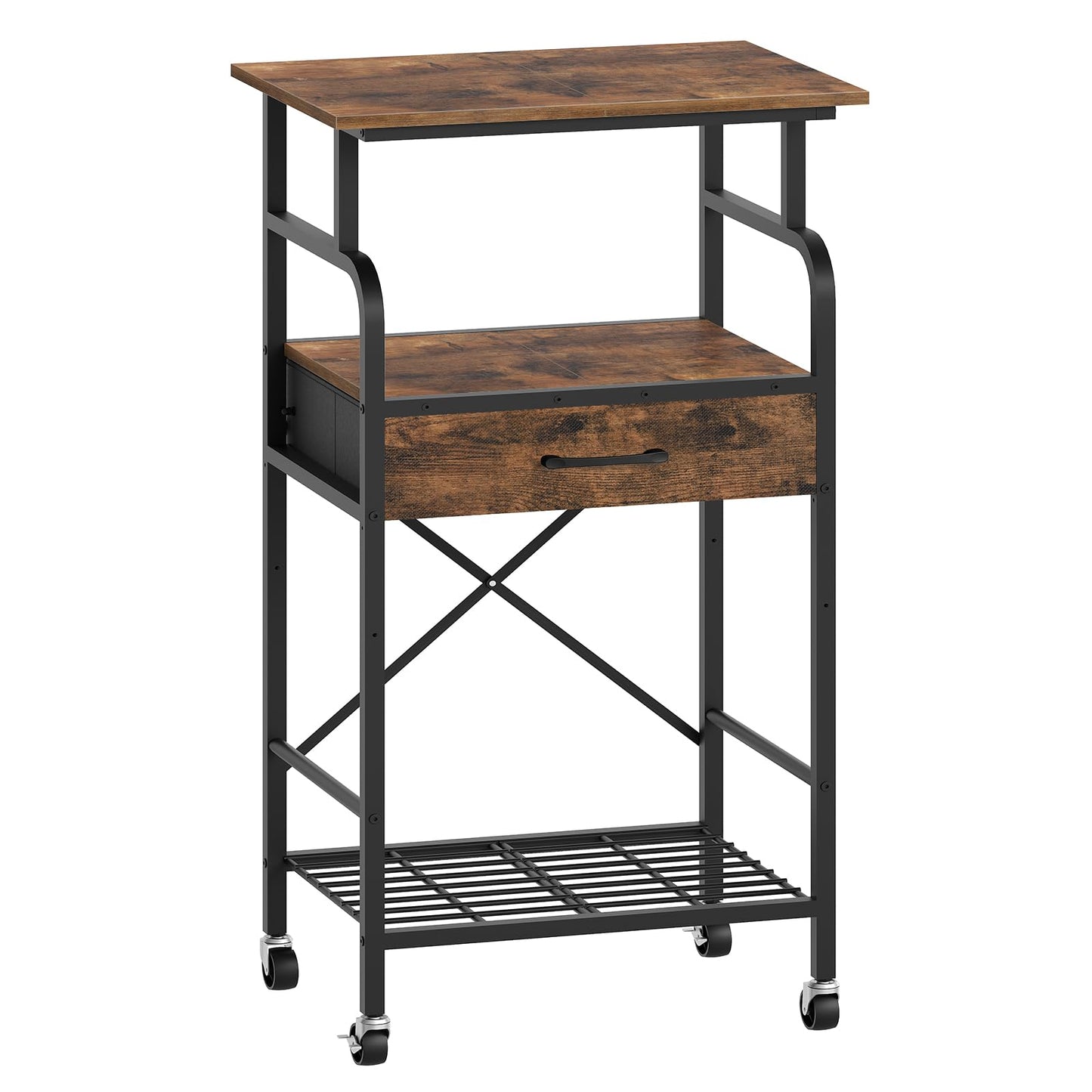 MAHANCRIS Tall Printer Stand, 3 Tier Printer Cart with Storage, Industrial Printer Table on Wheels, Adjustable Shelf & Fabric Drawer, for Home Office Study Rustic Brown PTHR5401