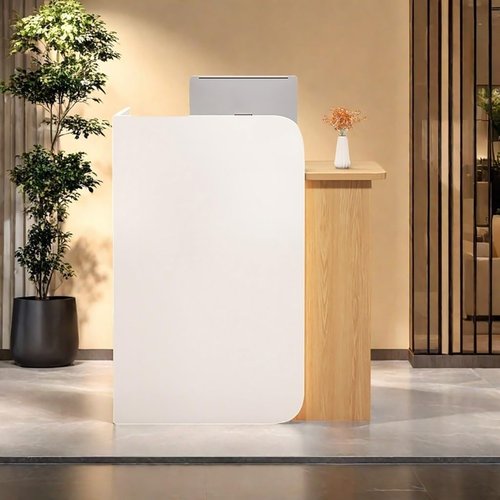 Small Reception Desk for Small Spaces with Lockable Drawer, Compact Office Desk & Salon Reception Counter | Curved Baffle Design, Modern L-Shaped Workstation, Secure Storage(White+Wood)