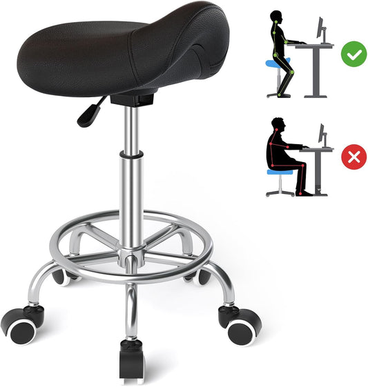 YEEZEE Saddle Stool - Ergonomic Rolling Chair with Wide Thick Padding | Adjustable Height & Wheels (Dark Black)