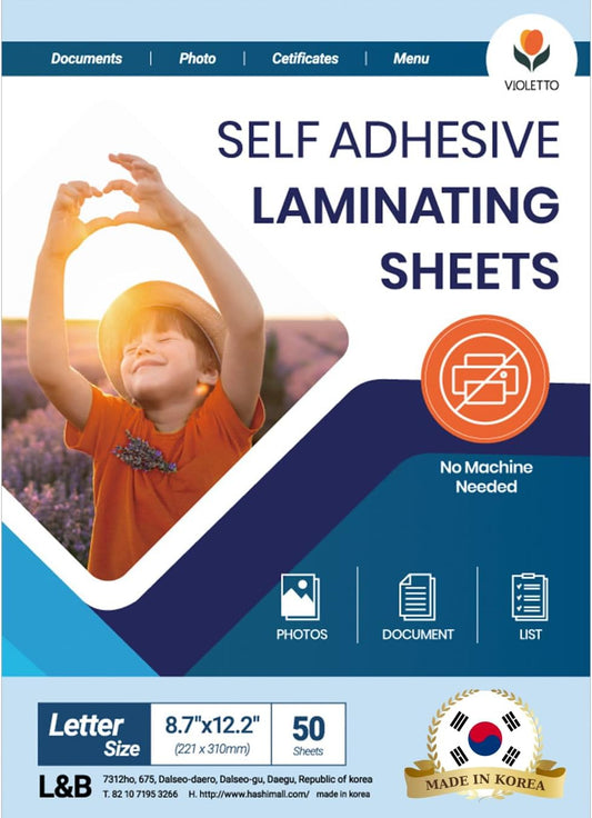 VIOLLETO Self-Stick Laminating Sheets - 8.5 x 11 Inches, 4mil, No Heat, Peel & Stick, Pack of 50