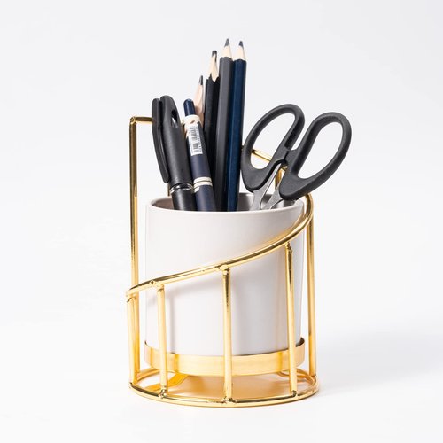 Engree White and Gold Pen Holder for Desk, Pencil Cup, Ceramic Pen Holder with Metal Frame, Makeup Brush Holder for Girls Women, Aesthetic Pencil Holder for Office Desk Accessories