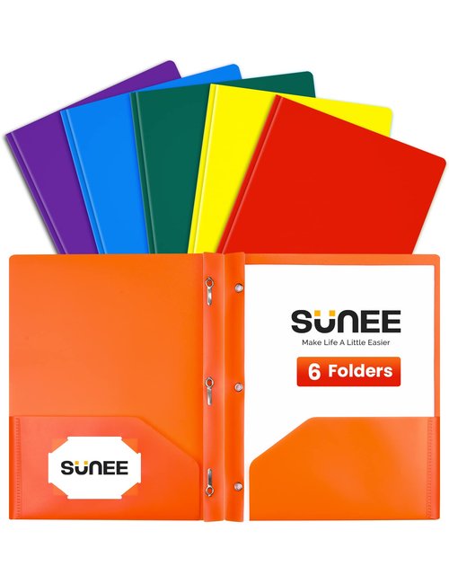 SUNEE 3-Prong Plastic Folders with Pockets (6 Pack, Assorted Colors) 2 Pocket Folders with Fasteners, Tear-Resistant Plastic Pockets, and Fit Letter Size Paper, Use for School Office Home Business