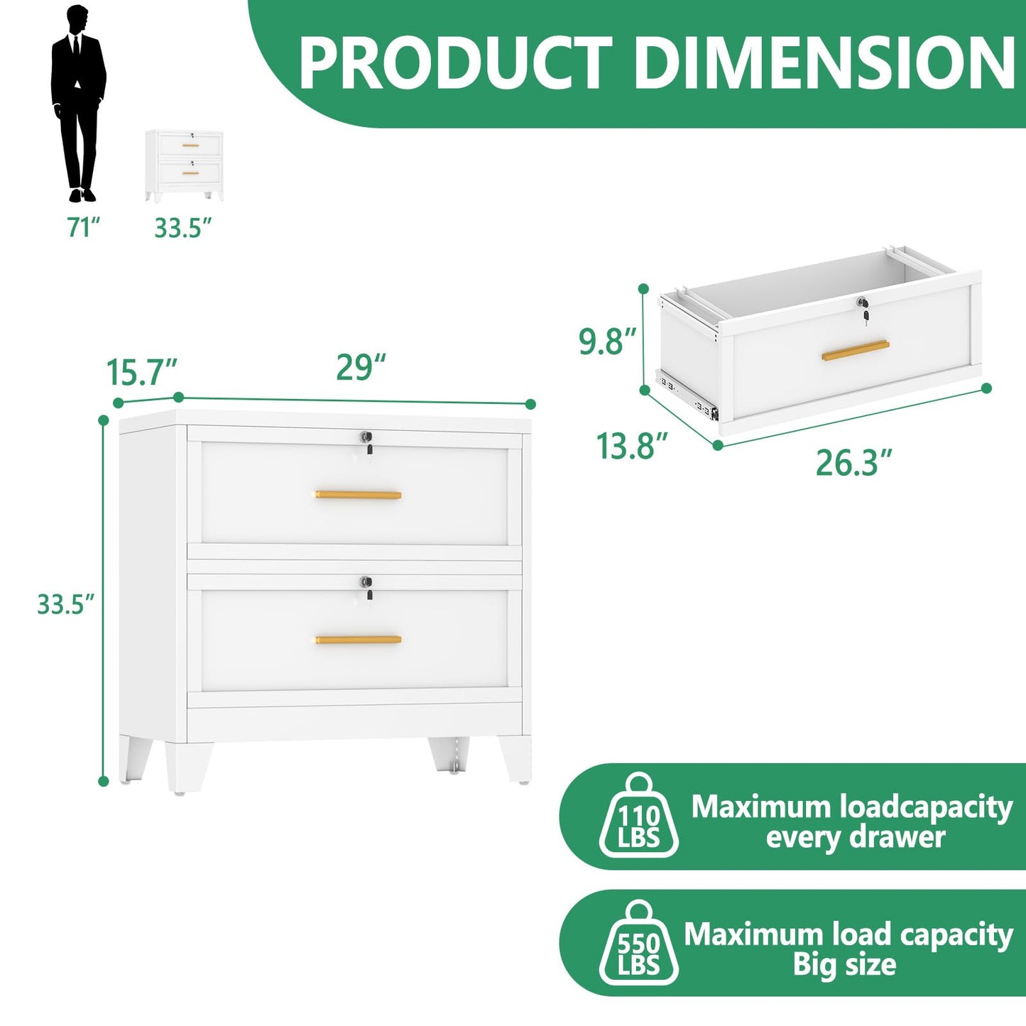 Metal Lateral File Cabinet with Lock,2 Drawer Steel Wide Filing Organization Storage Cabinets,Filing Cabinet for Legal/Letter/A4/F4 Size with Hanging Files&Key,Lockable Cabinet for Home Office,White