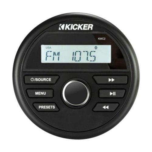 KICKER 46KMC2 Marine Bluetooth All-Weather AM/FM USB/AUX Gauge Style Media Center Receiver W/Black Cover Bundle Combo with USB/AUX 3.5MM Auxiliary Interface Adapter, White Long Range Radio Antenna