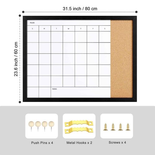 Aitakatta Dry Erase Board & Cork Board, Magnetic Surface Monthly Calendar Whiteboard & Bulletin Board, Combination Dry Erase Calendar for Wall, Decorative Black Wood Framed Memo Board(R-ZHYL-BK,6080)