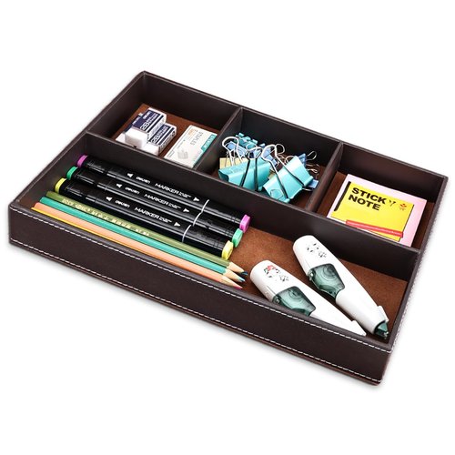 KINGFOM Pu Leather Desk Organizer Tray, 4 Compartment Office Storage Supplies Stationery Drawer Tray, Nightstand Bedside Tray for Key, Wallet, Watch, Coin, Phone Valet Tray Stackable