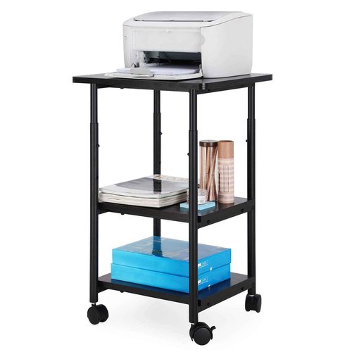 VASAGLE Heavy-Duty Printer Stand with Locking Wheels, 3-Tier Industrial Mobile Cart with Storage Shelf, Printer Table for Home, Office, 26.2-30.1" Adjustable Height, Ebony Black UOPS03B