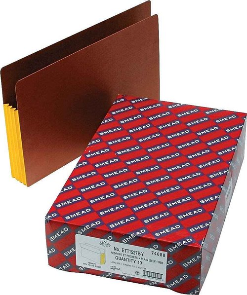 Smead End Tab Pocket, Reinforced Straight-Cut Tab, 3-1/2" Expansion, Extra Wide Legal Size, Redrope with Yellow Gusset, 10 per Box (74688)